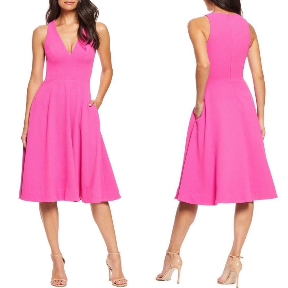 Dress the Population Hot Pink V-Neck Midi Dress